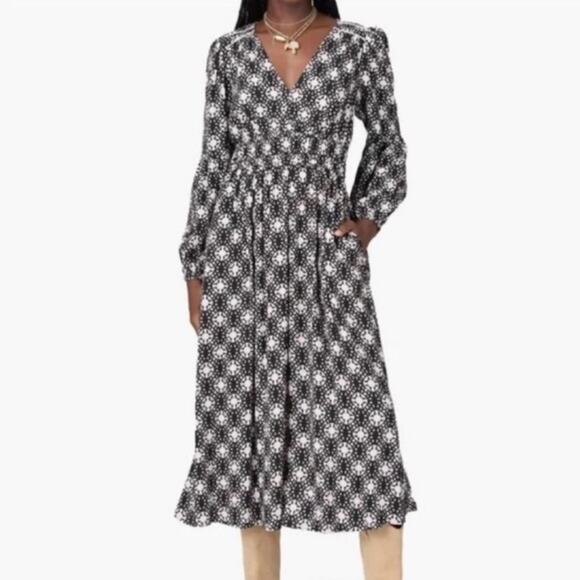 NEW Xirena Anabella black white mosaic print smocked waist dress in Octave Night - Picture 2 of 15